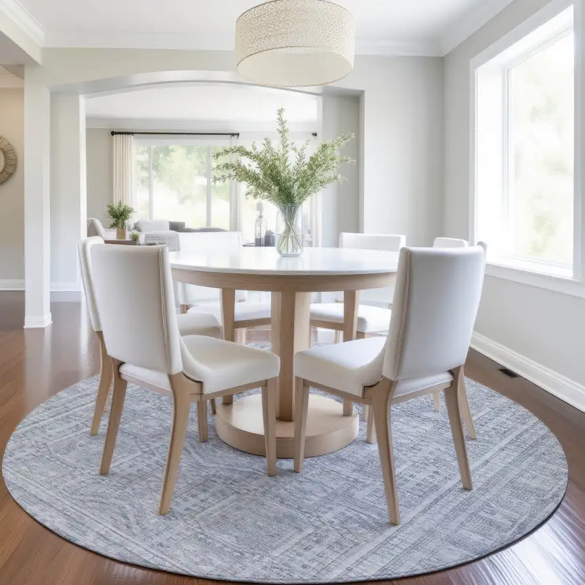 8' Sky Blue And Silver Round Geometric Washable Indoor Outdoor Area Rug Photo 6