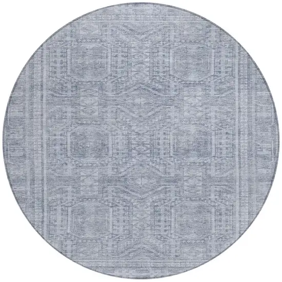 8' Sky Blue And Silver Round Geometric Washable Indoor Outdoor Area Rug Photo 3