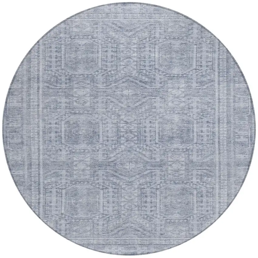 8' Sky Blue And Silver Round Geometric Washable Indoor Outdoor Area Rug Photo 3
