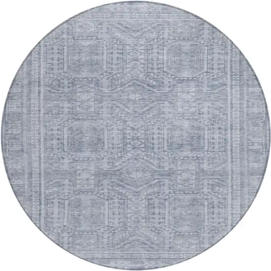 8' Sky Blue And Silver Round Geometric Washable Indoor Outdoor Area Rug Photo 1