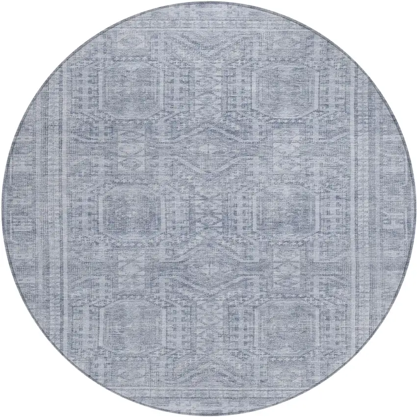 8' Sky Blue And Silver Round Geometric Washable Indoor Outdoor Area Rug Photo 1
