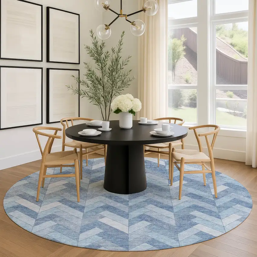 8' Sky Blue And Silver Round Geometric Washable Indoor Outdoor Area Rug Photo 9