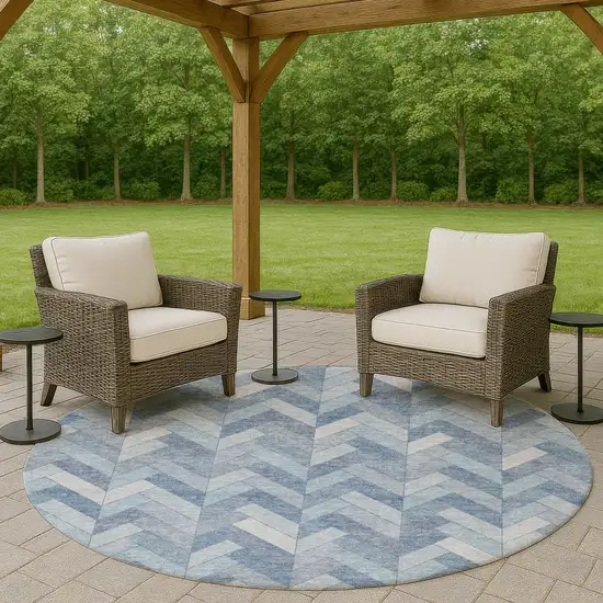 8' Sky Blue And Silver Round Geometric Washable Indoor Outdoor Area Rug Photo 8