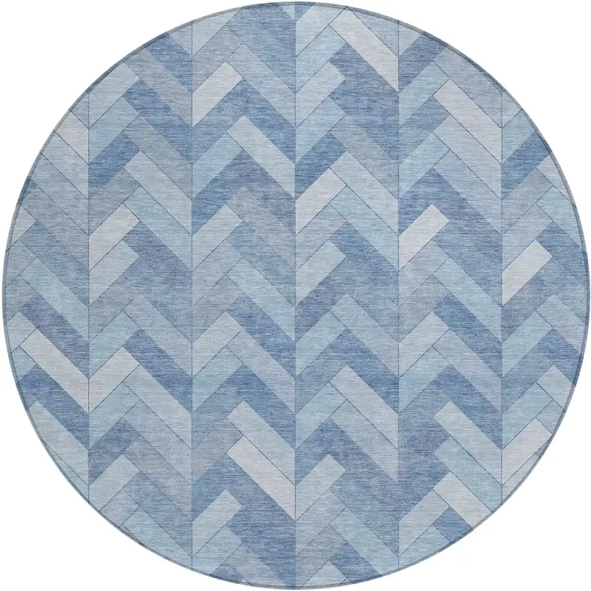 8' Sky Blue And Silver Round Geometric Washable Indoor Outdoor Area Rug Photo 2