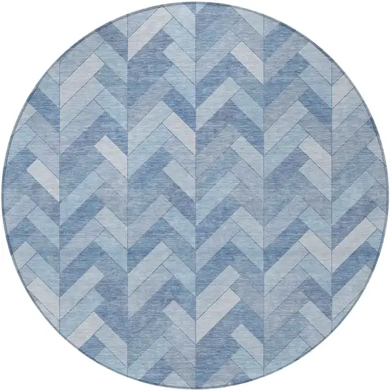 8' Sky Blue And Silver Round Geometric Washable Indoor Outdoor Area Rug Photo 5