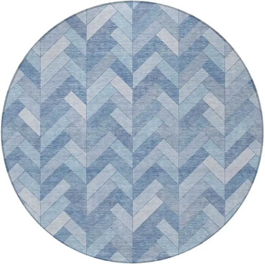 8' Sky Blue And Silver Round Geometric Washable Indoor Outdoor Area Rug Photo 5