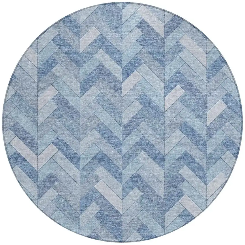 8' Sky Blue And Silver Round Geometric Washable Indoor Outdoor Area Rug Photo 4