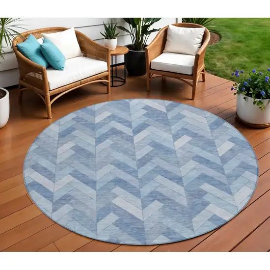 8' Sky Blue And Silver Round Geometric Washable Indoor Outdoor Area Rug Photo 1