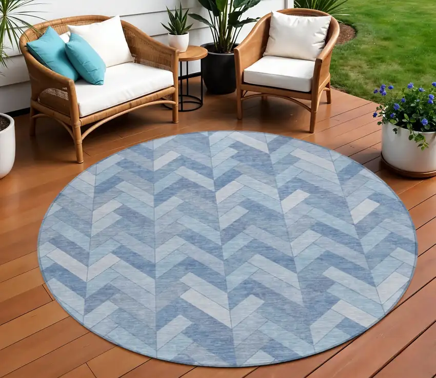 8' Sky Blue And Silver Round Geometric Washable Indoor Outdoor Area Rug Photo 1