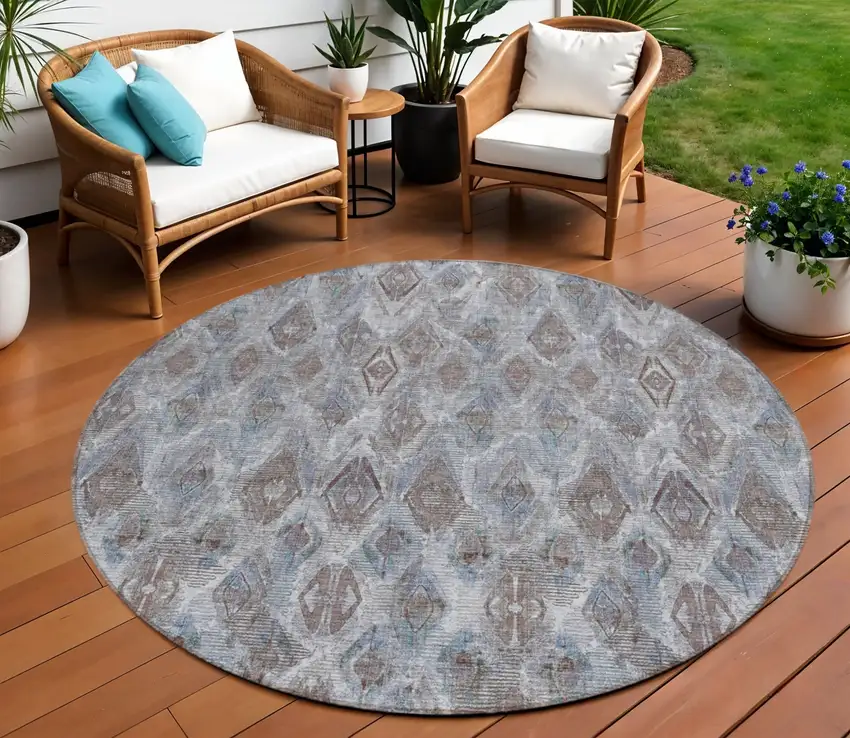 8' Sky Blue And Silver Round Geometric Washable Indoor Outdoor Area Rug Photo 1