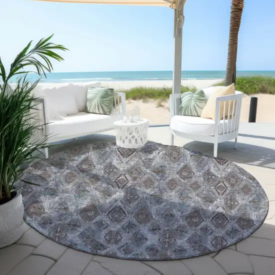 8' Sky Blue And Silver Round Geometric Washable Indoor Outdoor Area Rug Photo 8