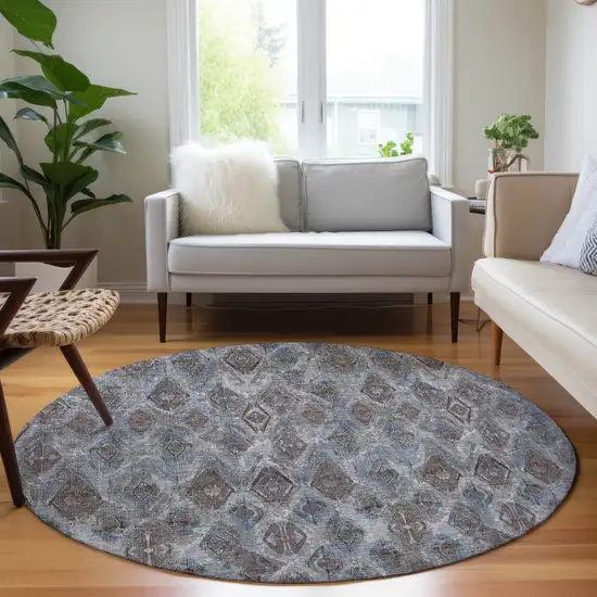 8' Sky Blue And Silver Round Geometric Washable Indoor Outdoor Area Rug Photo 9