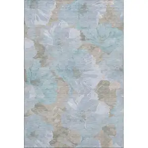 Photo of 8' Sky Blue And Taupe Floral Washable Area Rug With UV Protection