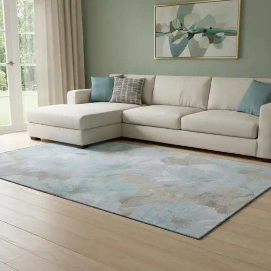 8' Sky Blue And Taupe Floral Washable Area Rug With UV Protection Photo 2