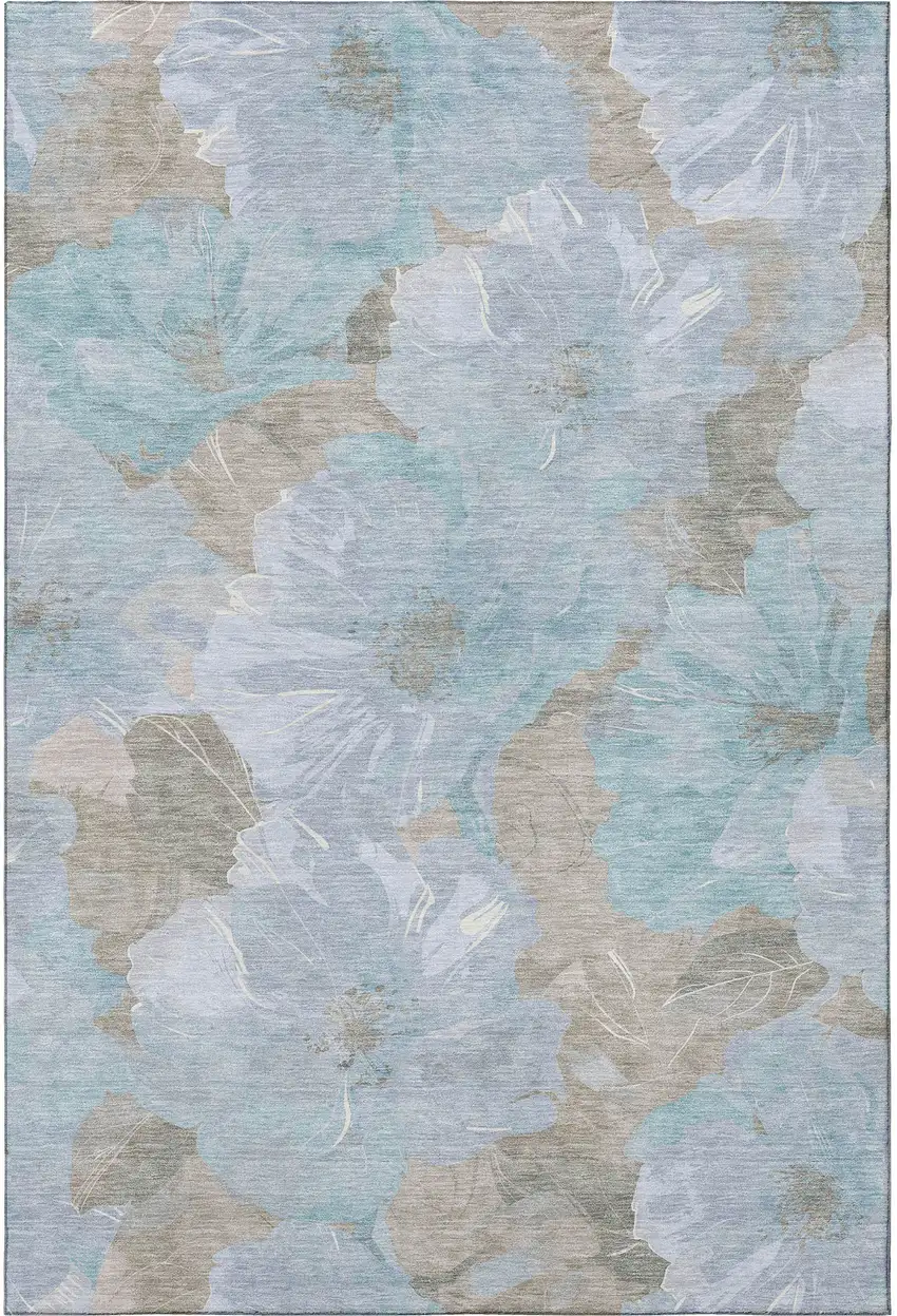8' Sky Blue And Taupe Floral Washable Area Rug With UV Protection Photo 3