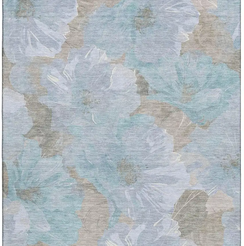 8' Sky Blue And Taupe Floral Washable Area Rug With UV Protection Photo 2
