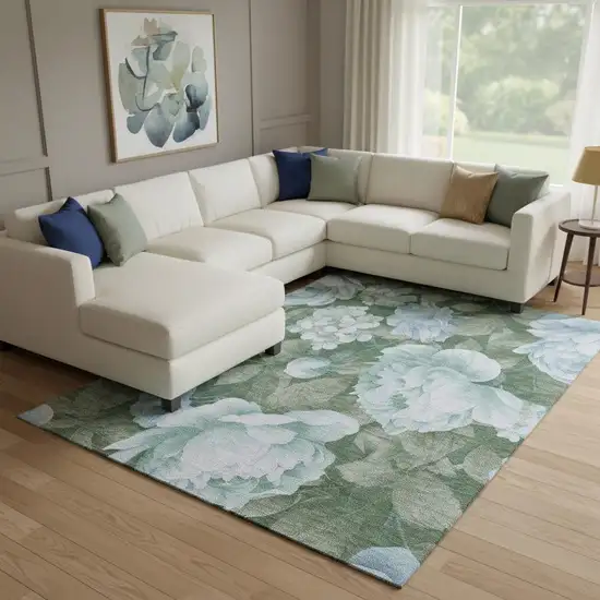 8' Sky Blue And Taupe Floral Washable Area Rug With UV Protection Photo 2