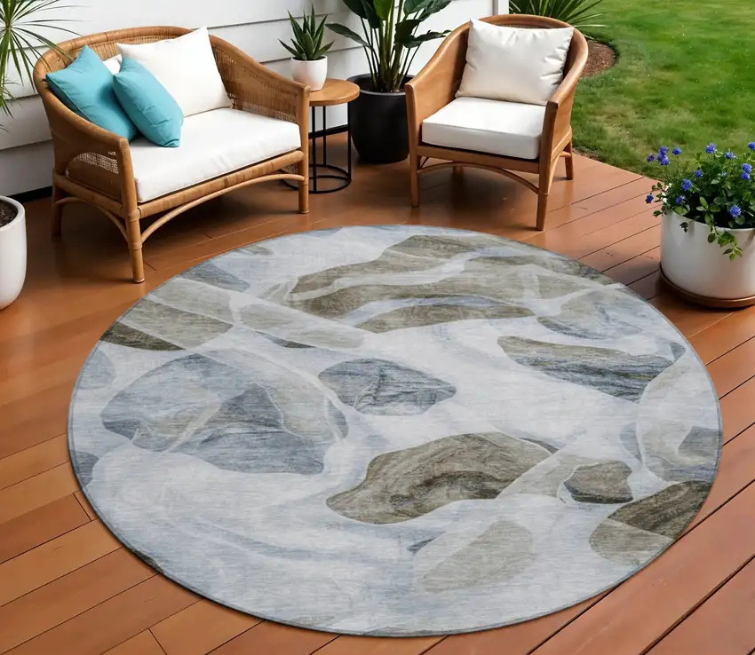 8' Sky Blue And Taupe Round Abstract Washable Indoor Outdoor Area Rug Photo 2