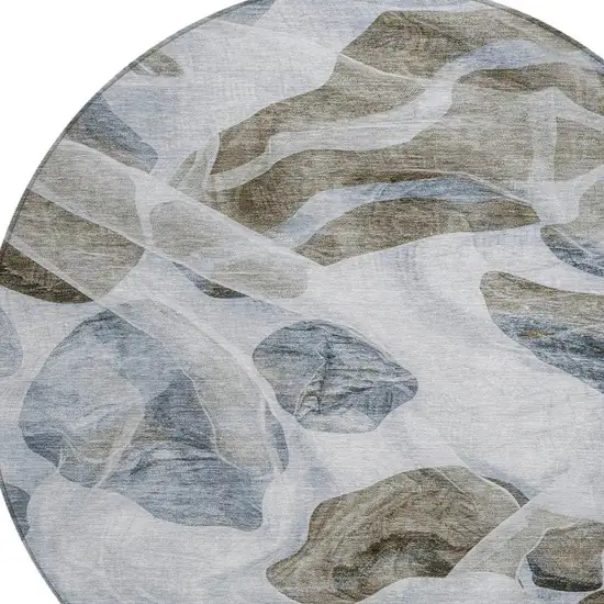 8' Sky Blue And Taupe Round Abstract Washable Indoor Outdoor Area Rug Photo 4