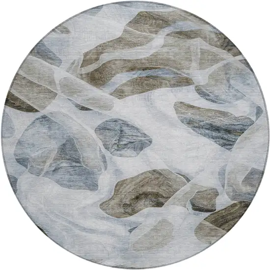 8' Sky Blue And Taupe Round Abstract Washable Indoor Outdoor Area Rug Photo 1