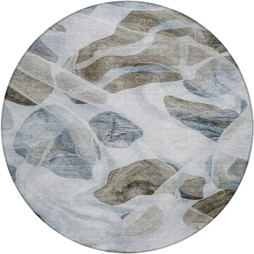 8' Sky Blue And Taupe Round Abstract Washable Indoor Outdoor Area Rug Photo 1