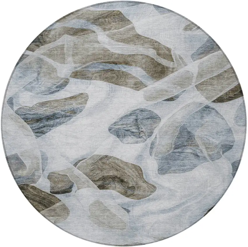 8' Sky Blue And Taupe Round Abstract Washable Indoor Outdoor Area Rug Photo 3