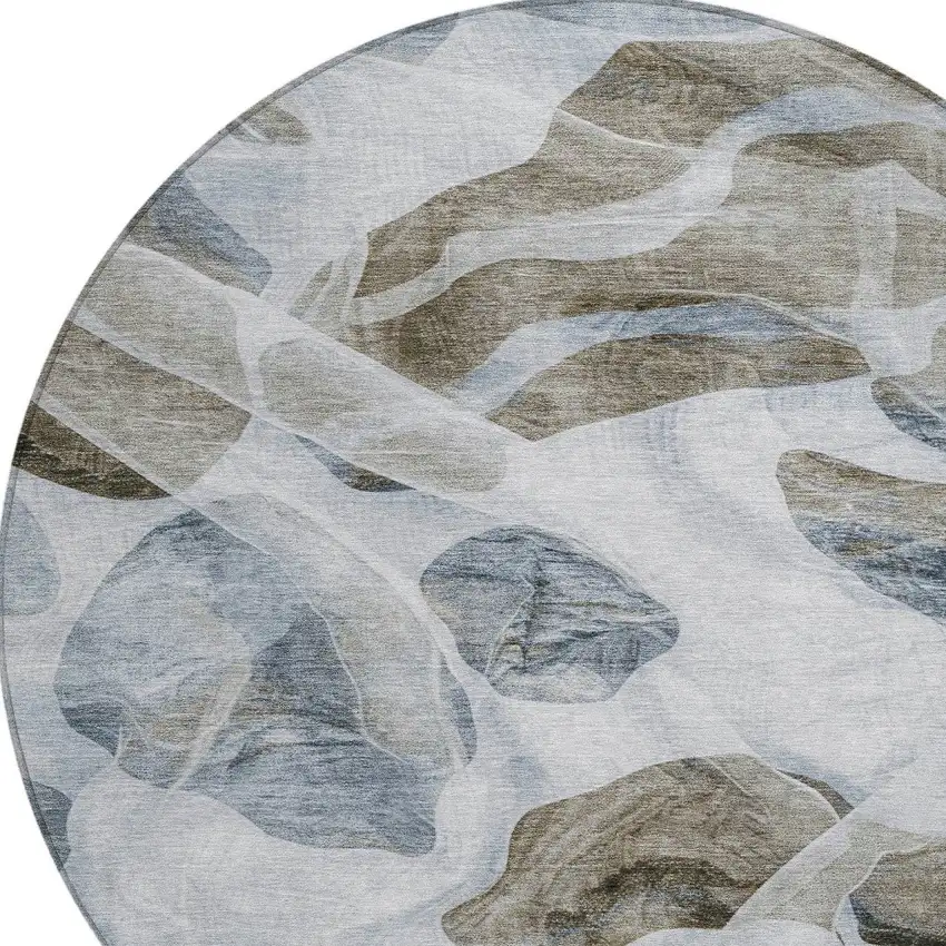 8' Sky Blue And Taupe Round Abstract Washable Indoor Outdoor Area Rug Photo 8