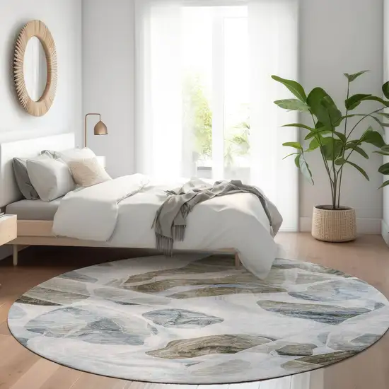 8' Sky Blue And Taupe Round Abstract Washable Indoor Outdoor Area Rug Photo 6