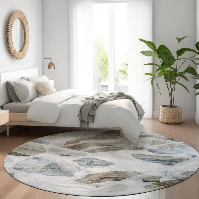 8' Sky Blue And Taupe Round Abstract Washable Indoor Outdoor Area Rug Photo 6