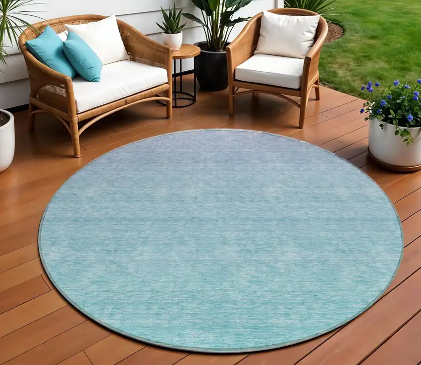 8' Sky Blue And Teal Blue Round Ombre Washable Indoor Outdoor Area Rug Photo 1