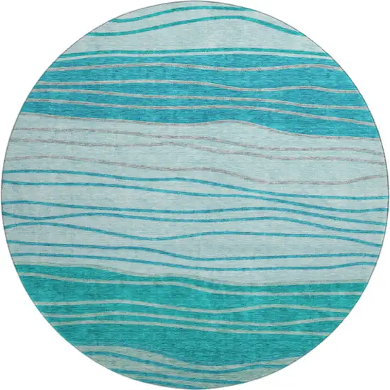 8' Sky Blue And Teal Blue Striped Washable Round Rug With UV Protection Photo 1