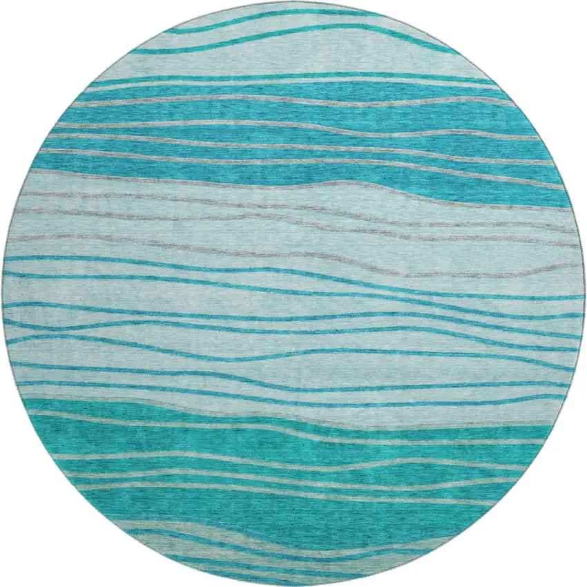 8' Sky Blue And Teal Blue Striped Washable Round Rug With UV Protection Photo 1