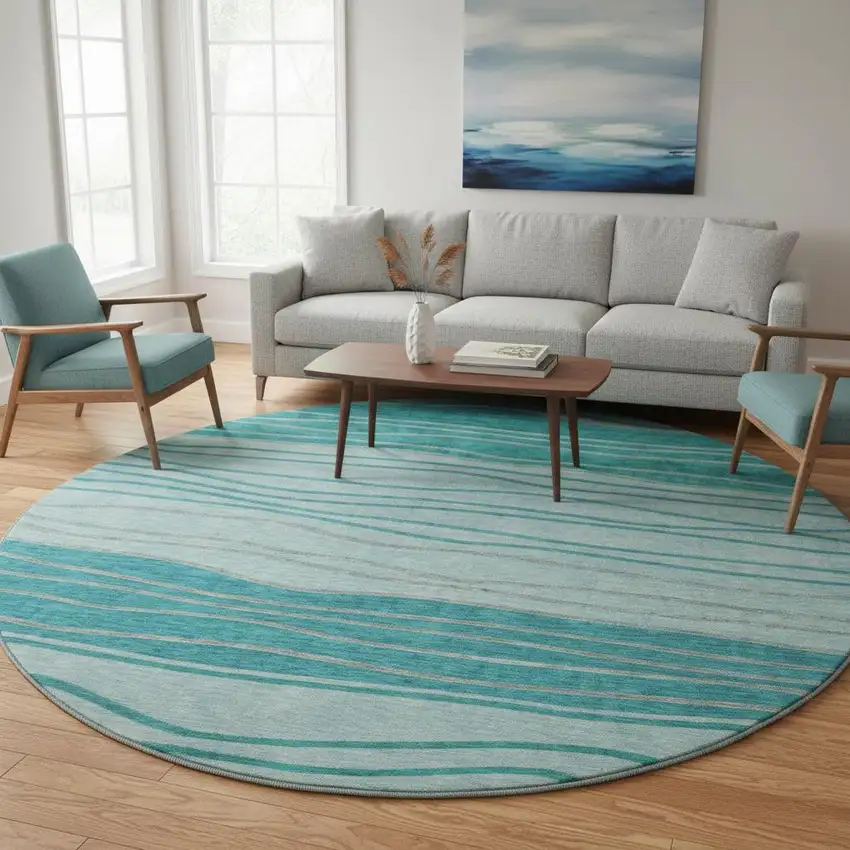 8' Sky Blue And Teal Blue Striped Washable Round Rug With UV Protection Photo 2
