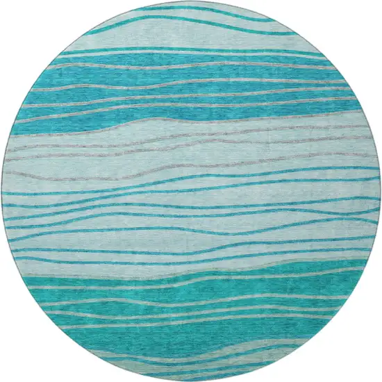 8' Sky Blue And Teal Blue Striped Washable Round Rug With UV Protection Photo 4