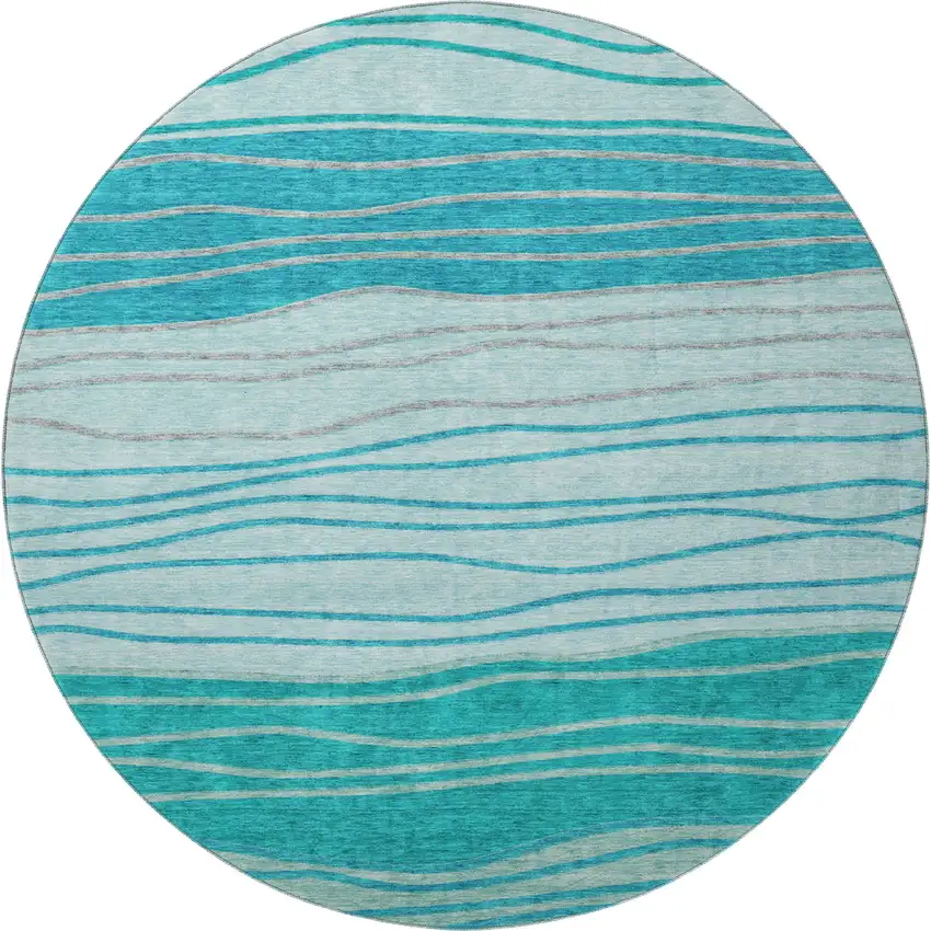 8' Sky Blue And Teal Blue Striped Washable Round Rug With UV Protection Photo 4