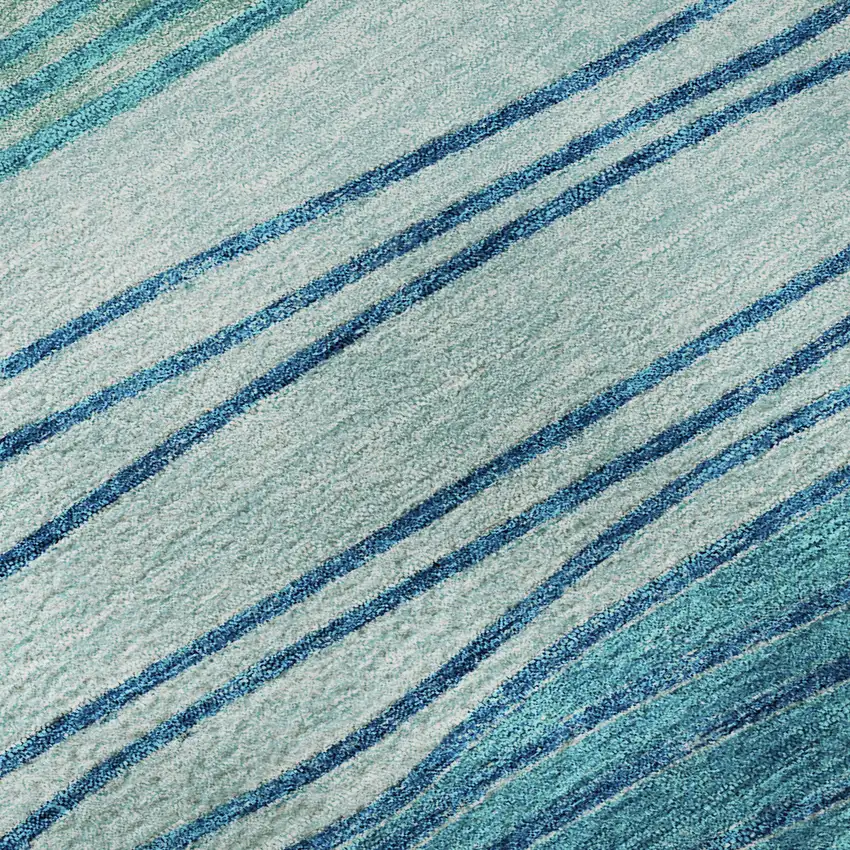 8' Sky Blue And Teal Blue Striped Washable Round Rug With UV Protection Photo 9