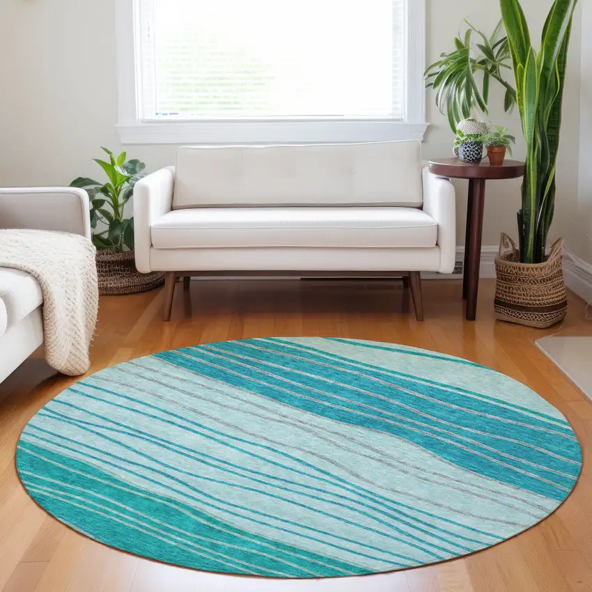 8' Sky Blue And Teal Blue Striped Washable Round Rug With UV Protection Photo 5