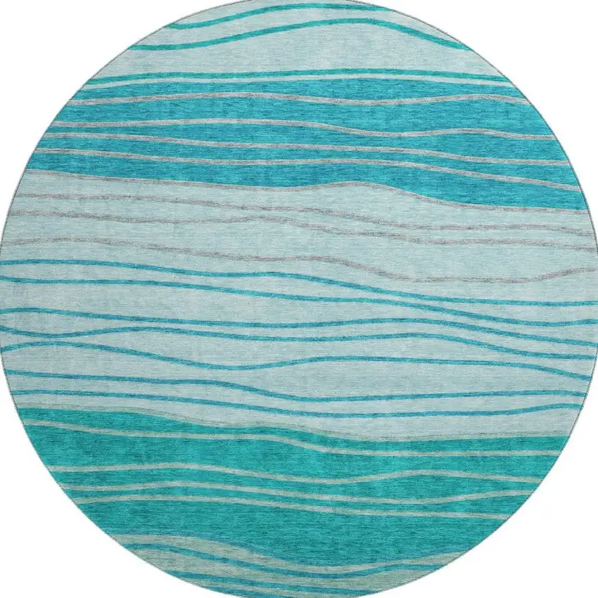 8' Sky Blue And Teal Blue Striped Washable Round Rug With UV Protection Photo 3