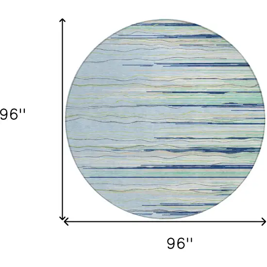 8' Sky Blue Aqua And Gray Round Striped Washable Indoor Outdoor Area Rug Photo 3