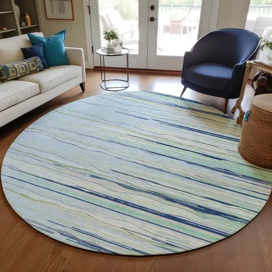 8' Sky Blue Aqua And Gray Round Striped Washable Indoor Outdoor Area Rug Photo 8