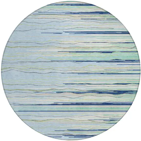 8' Sky Blue Aqua And Gray Round Striped Washable Indoor Outdoor Area Rug Photo 2