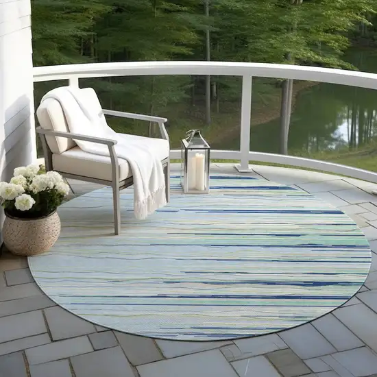 8' Sky Blue Aqua And Gray Round Striped Washable Indoor Outdoor Area Rug Photo 7
