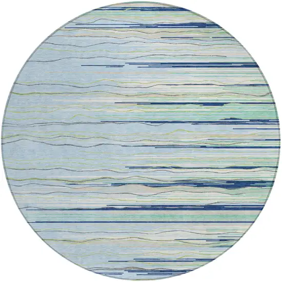 8' Sky Blue Aqua And Gray Round Striped Washable Indoor Outdoor Area Rug Photo 2