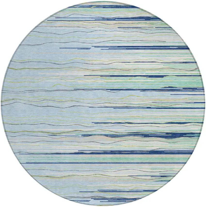 8' Sky Blue Aqua And Gray Round Striped Washable Indoor Outdoor Area Rug Photo 2