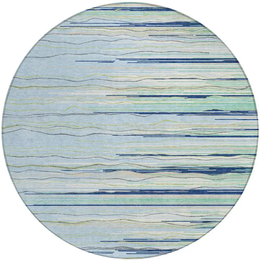 8' Sky Blue Aqua And Gray Round Striped Washable Indoor Outdoor Area Rug Photo 5