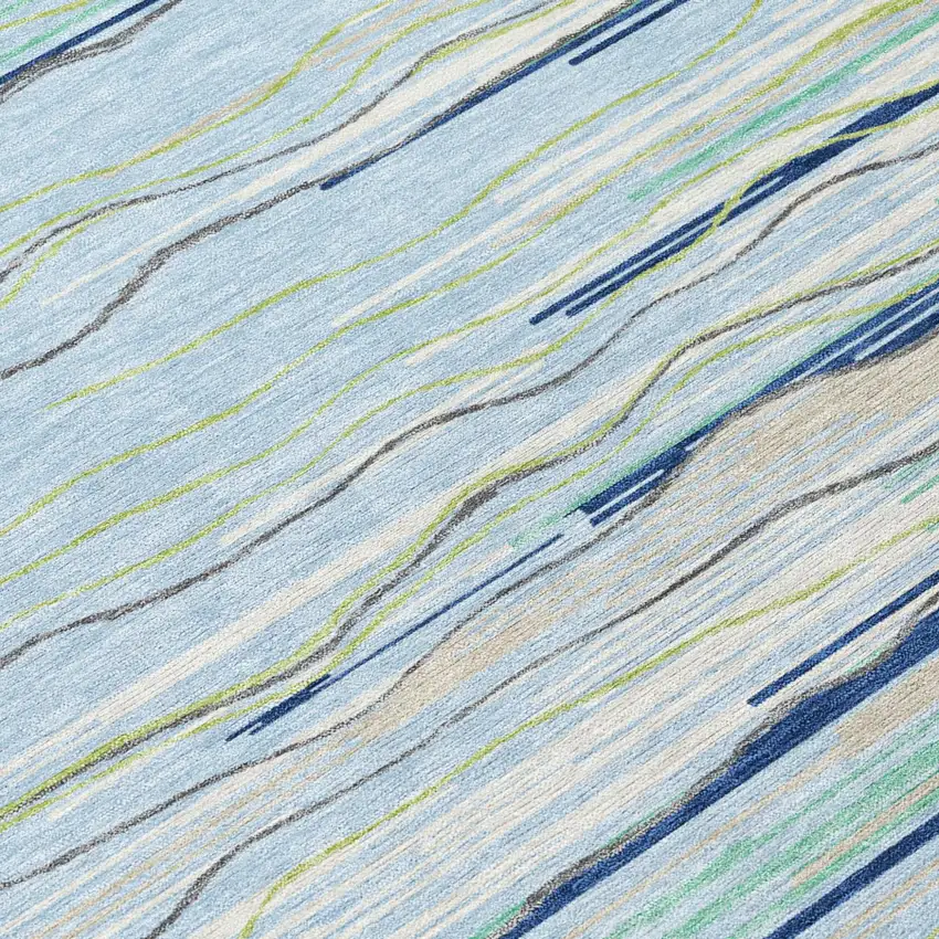 8' Sky Blue Aqua And Gray Round Striped Washable Indoor Outdoor Area Rug Photo 3