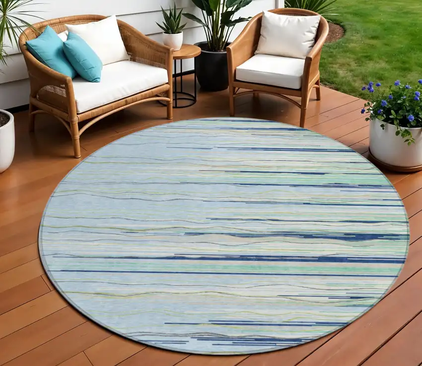 8' Sky Blue Aqua And Gray Round Striped Washable Indoor Outdoor Area Rug Photo 1