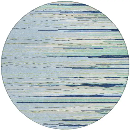 8' Sky Blue Aqua And Gray Round Striped Washable Indoor Outdoor Area Rug Photo 6