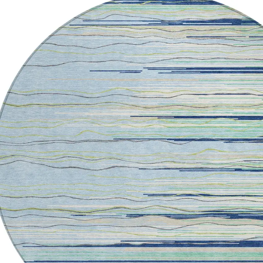 8' Sky Blue Aqua And Gray Round Striped Washable Indoor Outdoor Area Rug Photo 4