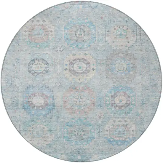 8' Sky Blue Beige And Blush Round Medallion Washable Indoor Outdoor Area Rug Photo 5